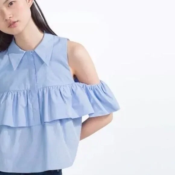 Zara blue ruffle button up off the shoulder top Size Small women's - Picture 4 of 12